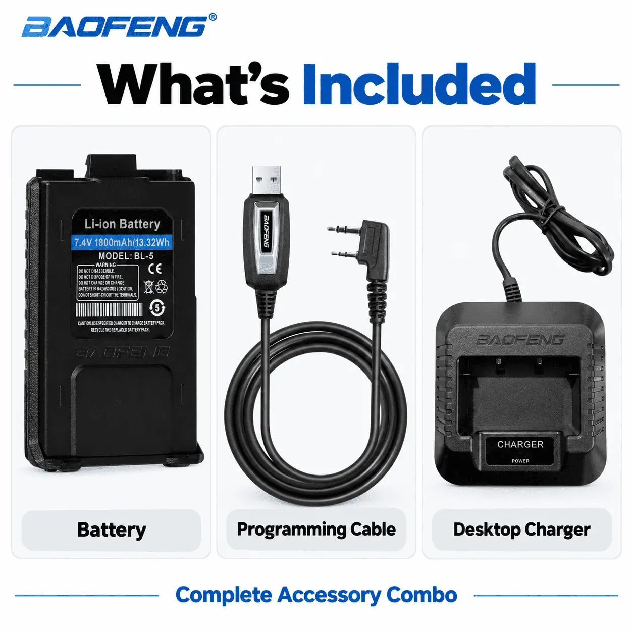 BAOFENG Original UV-5R Dual Power + Programming Kit | Batteries + Desktop Charger + USB Programming Cable (Pack of 2)