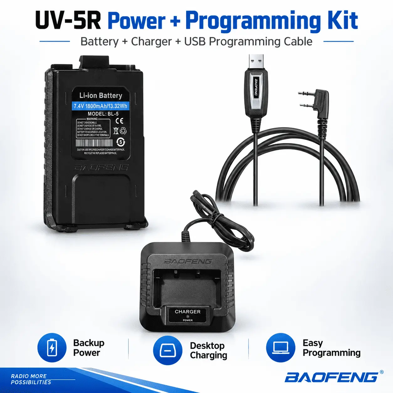 BAOFENG Original UV-5R Dual Power + Programming Kit | Batteries + Desktop Charger + USB Programming Cable (Pack of 2)
