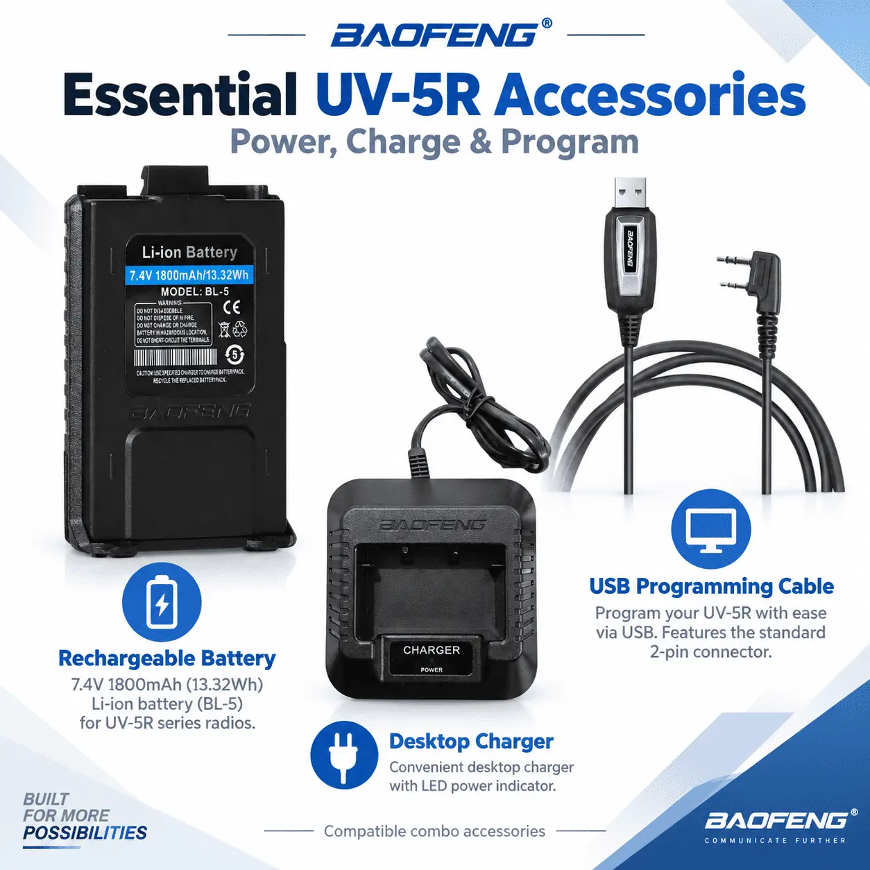 BAOFENG Original UV-5R Dual Power + Programming Kit | Batteries + Desktop Charger + USB Programming Cable (Pack of 2)