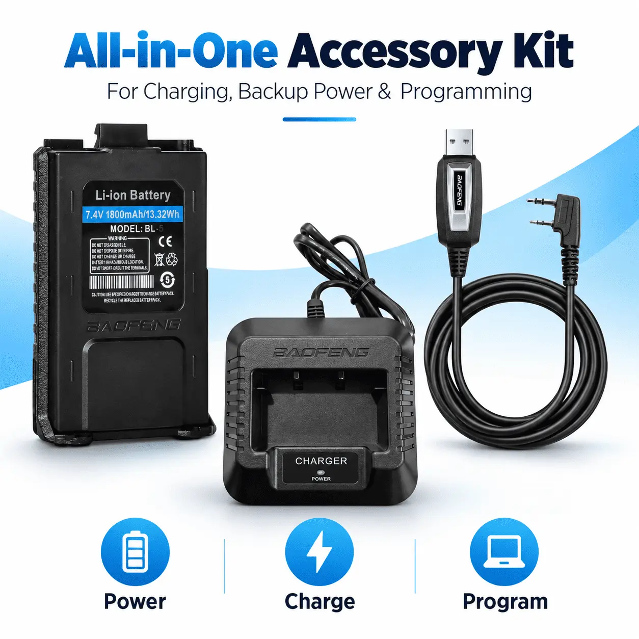 BAOFENG Original UV-5R Dual Power + Programming Kit | Batteries + Desktop Charger + USB Programming Cable (Pack of 2)
