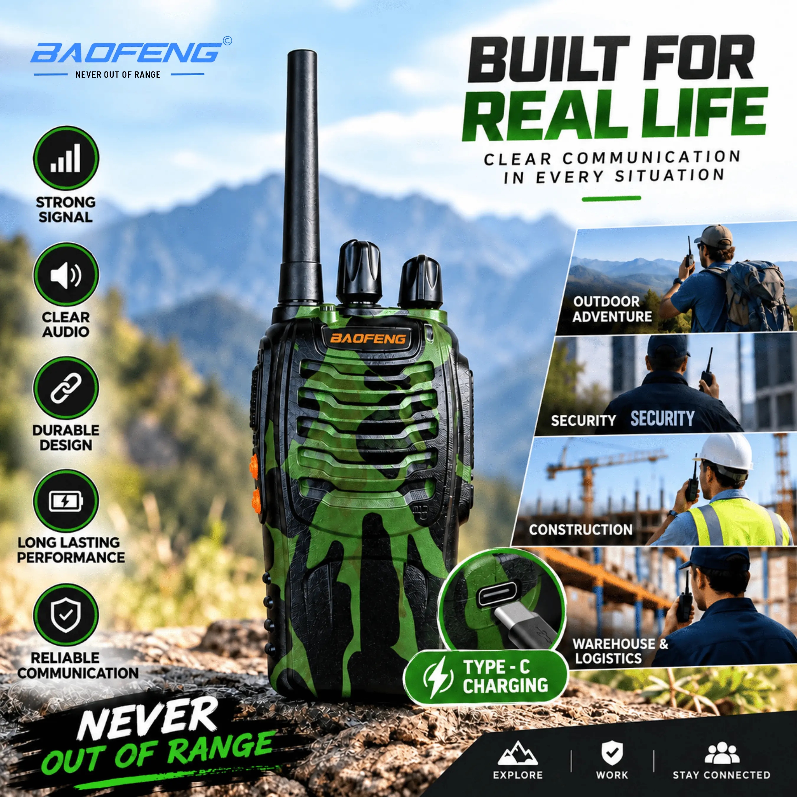 Baofeng BF-888S C-Type Limited Edition Camouflage Walkie Talkie – Rugged Design & Type-C Charging (Pack of 3)