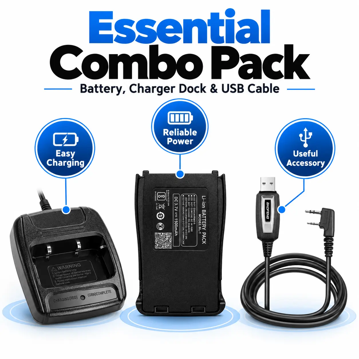 BAOFENG BF-888S Power + Programming Kit | 1500mAh Battery + Desktop Charger + USB Programming Cable (Pack of 1)