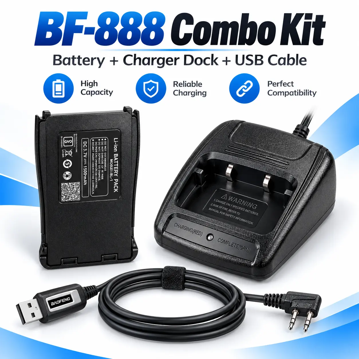 BAOFENG BF-888S Power + Programming Kit | 1500mAh Battery + Desktop Charger + USB Programming Cable (Pack of 1)