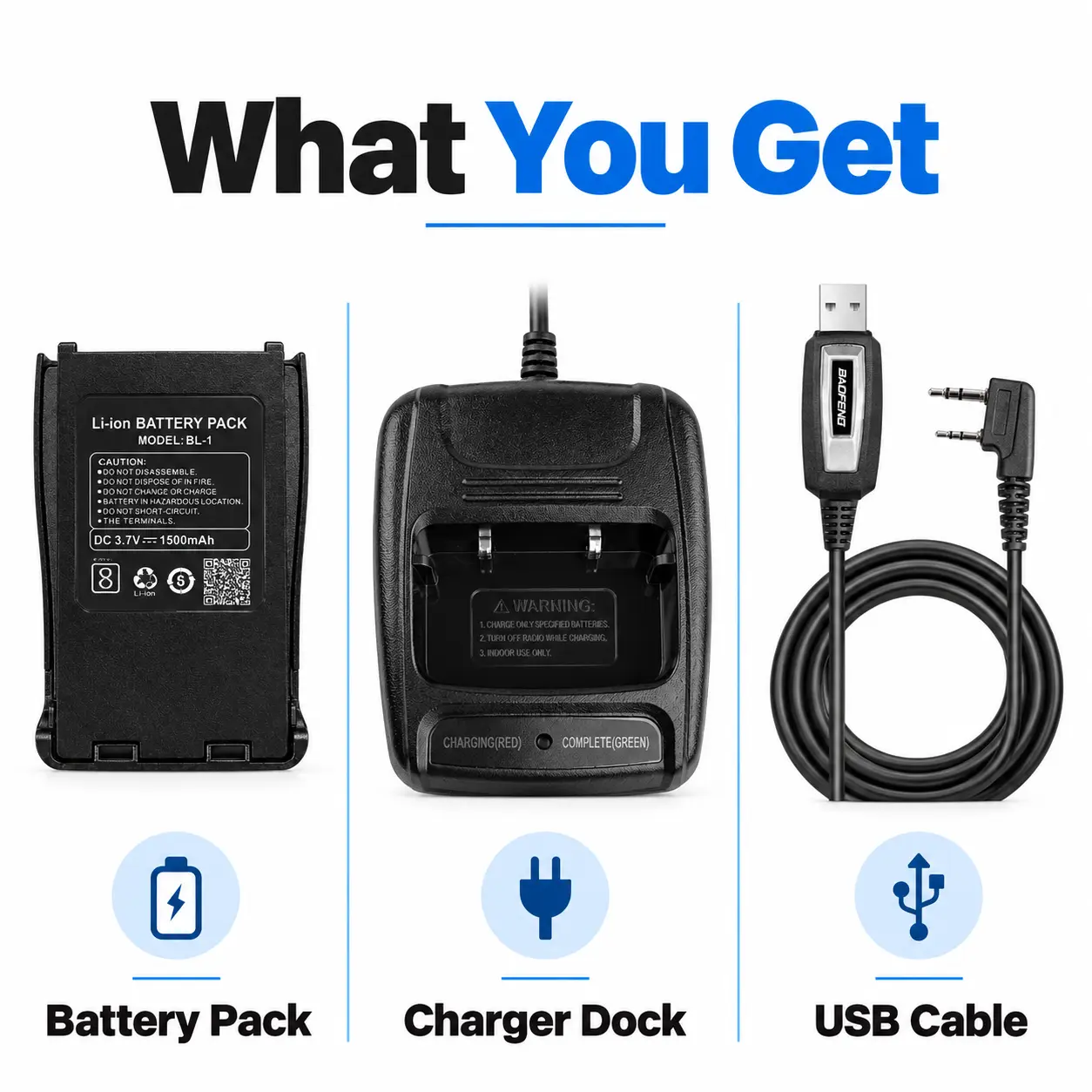 BAOFENG BF-888S Power + Programming Kit | 1500mAh Battery + Desktop Charger + USB Programming Cable (Pack of 1)
