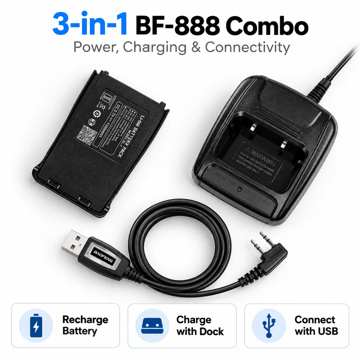 BAOFENG BF-888S Power + Programming Kit | 1500mAh Battery + Desktop Charger + USB Programming Cable (Pack of 1)
