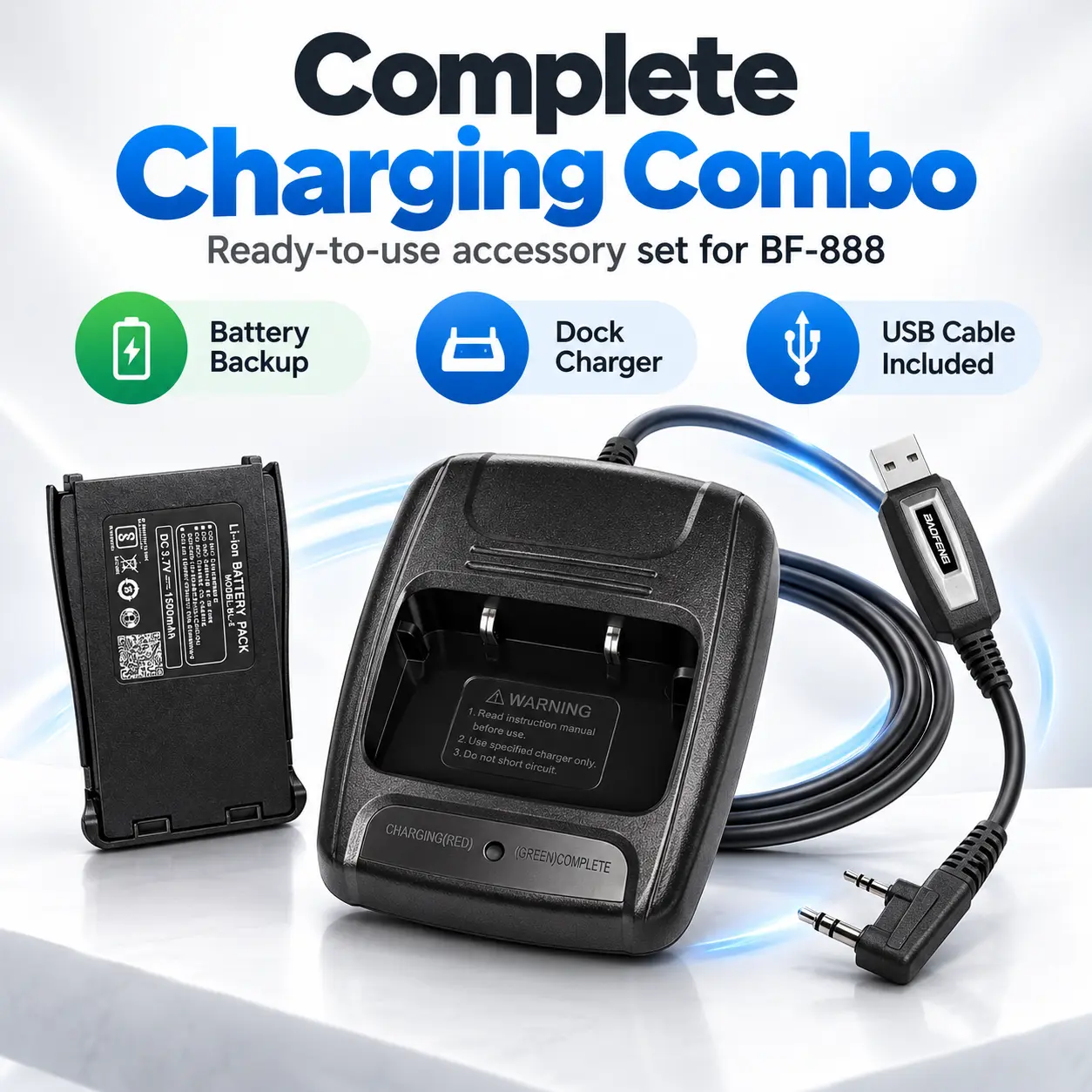 BAOFENG BF-888S Power + Programming Kit | 1500mAh Battery + Desktop Charger + USB Programming Cable (Pack of 1)