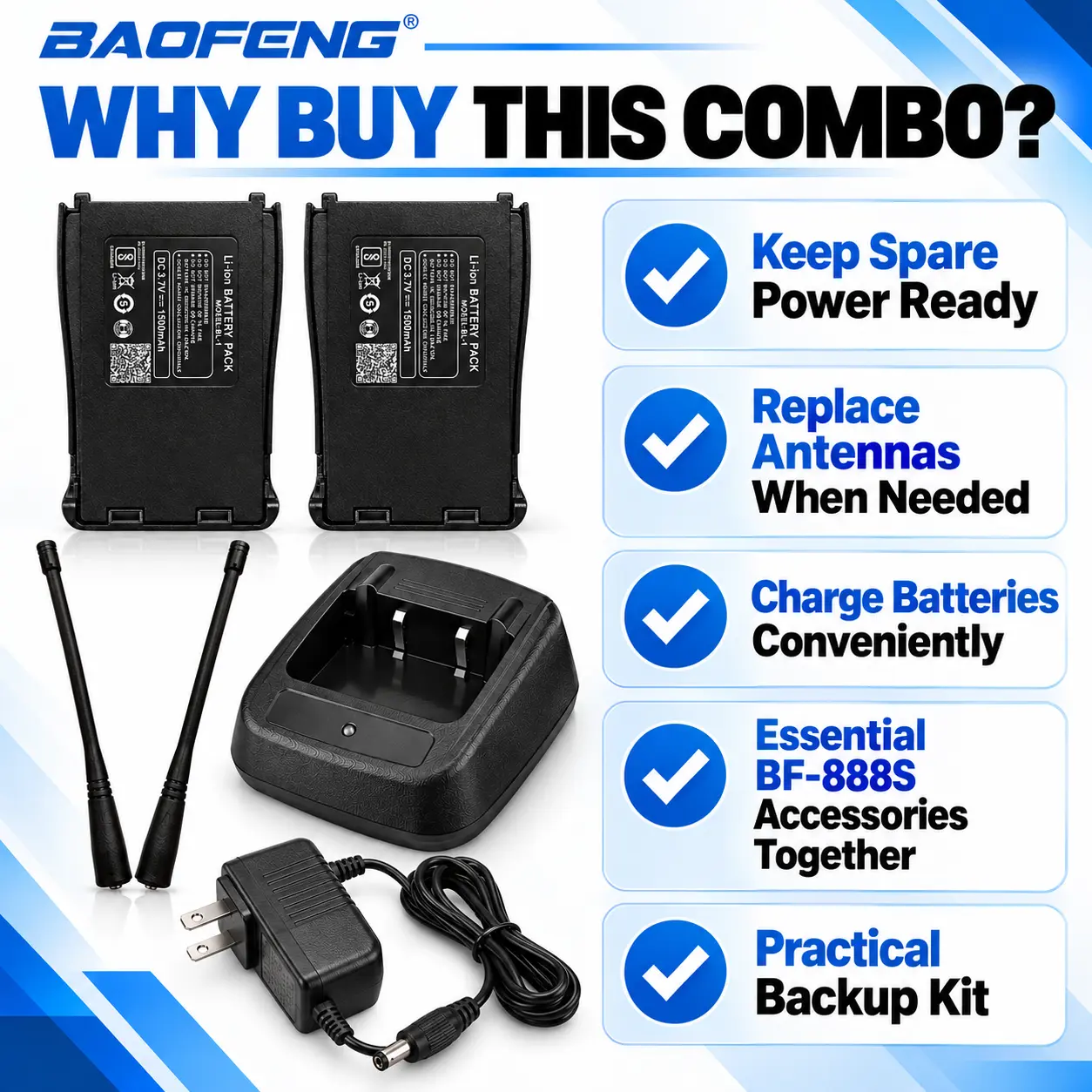 BAOFENG Origial BF-888S Maintenance Kit | 2 Batteries + 2 Antennas + Desktop Charger Combo (Pack of 1)