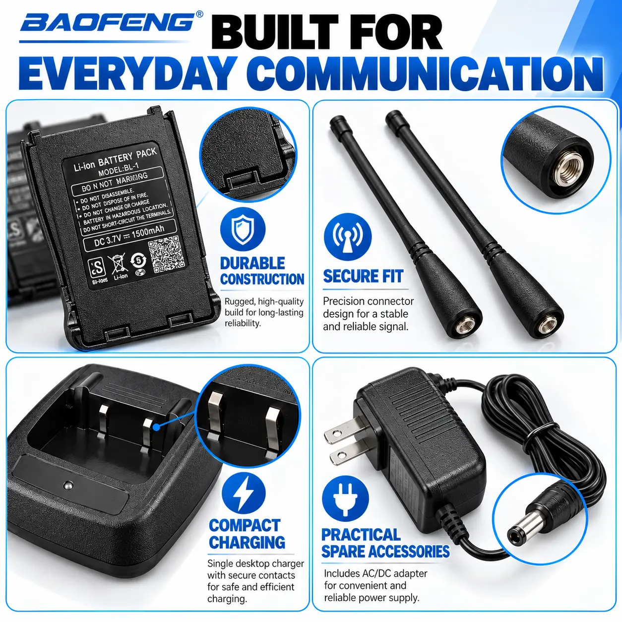 BAOFENG Origial BF-888S Maintenance Kit | 2 Batteries + 2 Antennas + Desktop Charger Combo (Pack of 1)