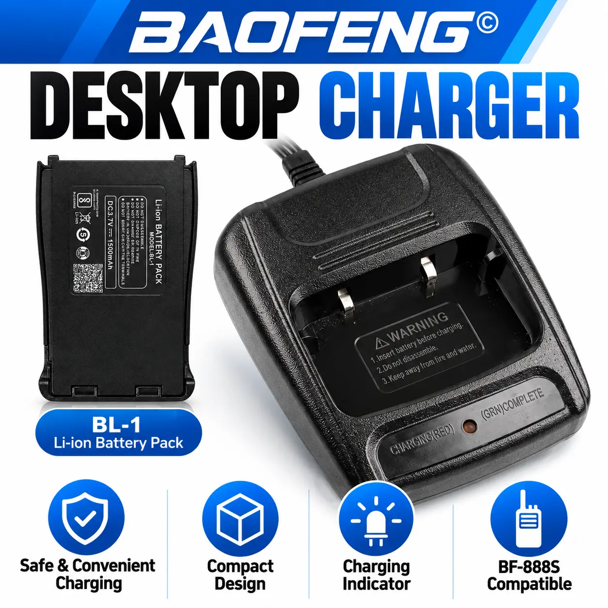 BAOFENG Original BF-888S Power Starter Pack | 1500mAh Battery + Desktop Charger Combo (Pack of 1)
