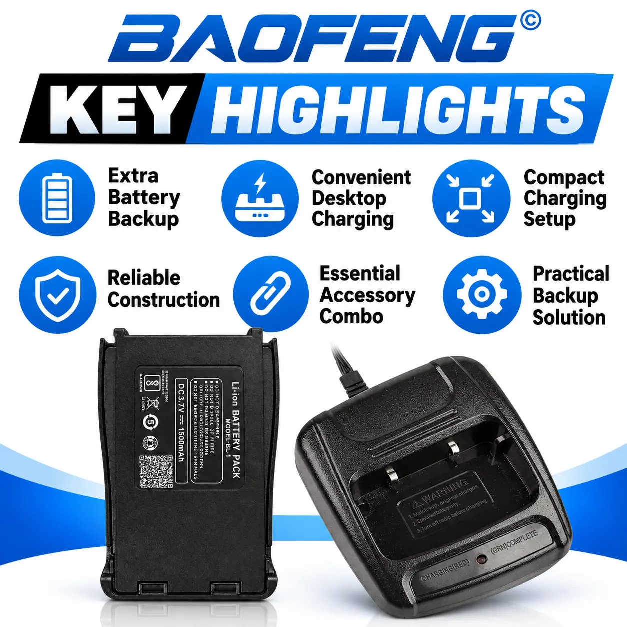 BAOFENG Original BF-888S Power Starter Pack | 1500mAh Battery + Desktop Charger Combo (Pack of 1)