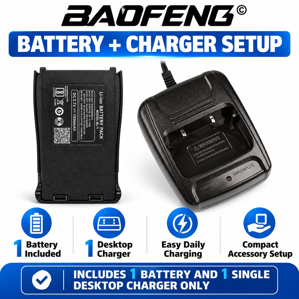 BAOFENG Original BF-888S Power Starter Pack | 1500mAh Battery + Desktop Charger Combo (Pack of 2)