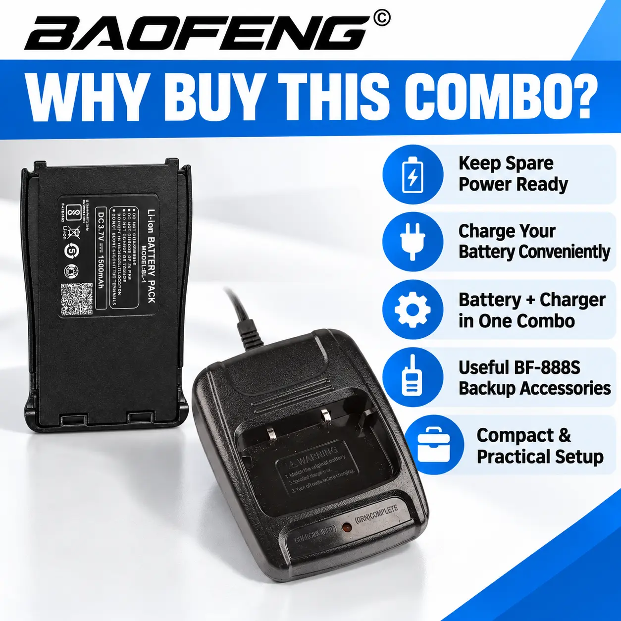 BAOFENG Original BF-888S Power Starter Pack | 1500mAh Battery + Desktop Charger Combo (Pack of 2)
