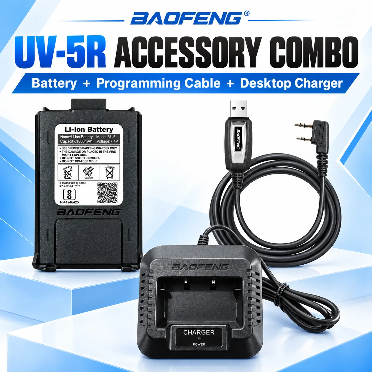 BAOFENG Original UV-5R Dual Power + Programming Kit | Batteries + Desktop Charger + USB Programming Cable (Pack of 1)