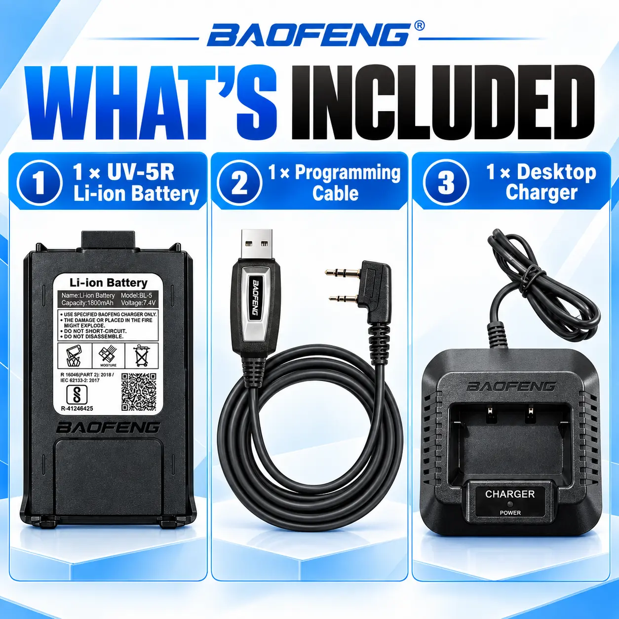 BAOFENG Original UV-5R Dual Power + Programming Kit | Batteries + Desktop Charger + USB Programming Cable (Pack of 1)