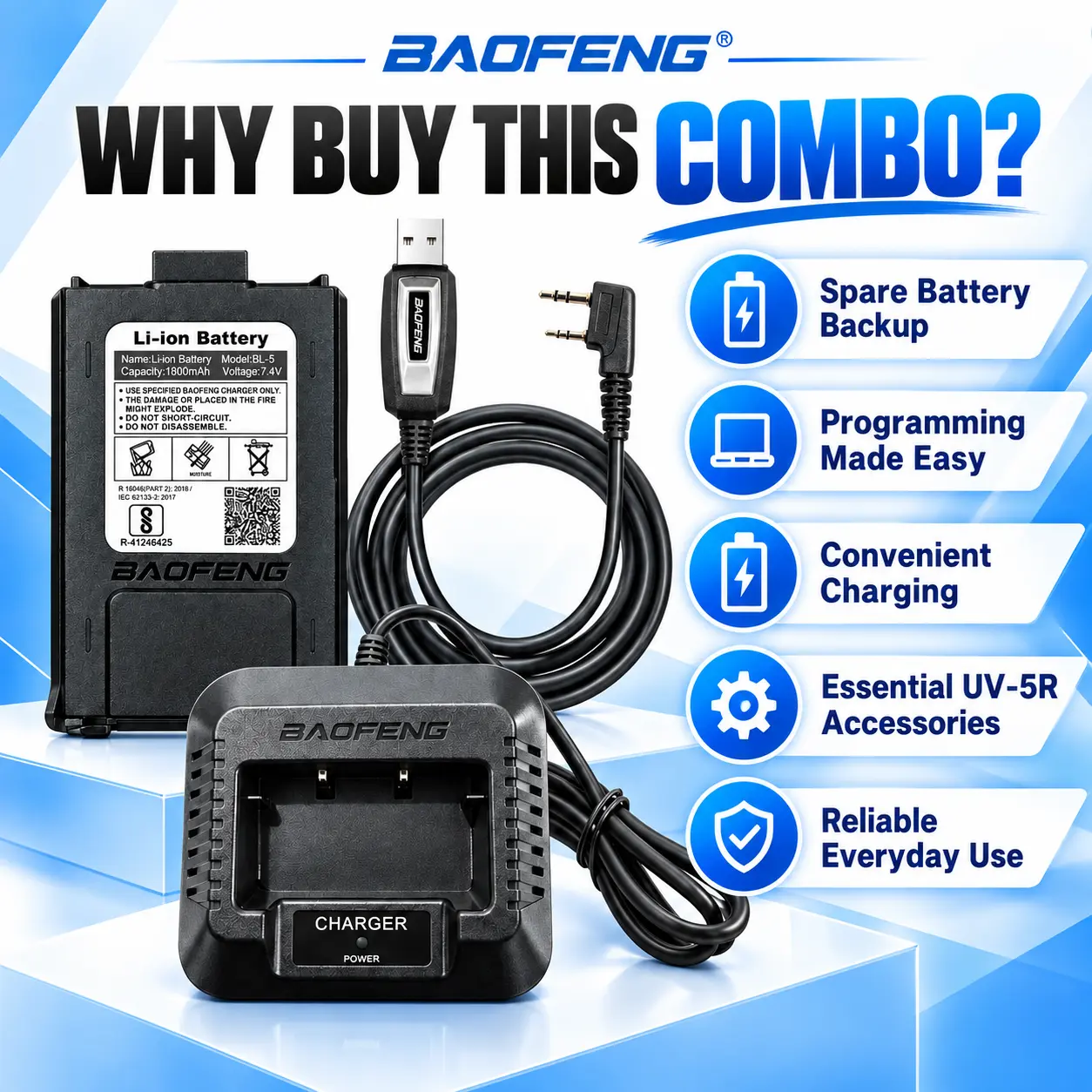 BAOFENG Original UV-5R Dual Power + Programming Kit | Batteries + Desktop Charger + USB Programming Cable (Pack of 1)